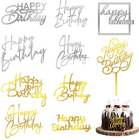 Happy Birthday Tortendeko 10 Stück Gold Silber Cake Topper Happy Birthday Acryl Happy Birthday Geburtstagstorte Deko für Babyparty Jubiläumsfeier