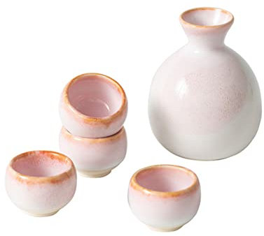 TEmkin Juego de Sake de 5 Piezas, Juego de Tazas de Sake de Cerámica Retro Tradicional Rosa Flor de Cerezo de Japón, Diseño Elegante, Familiares y Amigos, con 1 Recipiente para Sake y 4
