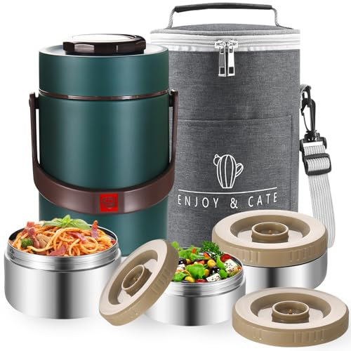 Munmel 67 Oz Adults Stainless Steel Vacuum Soup Thermo For Hot Food with Inserts Stackable Bento Box and Lunch Bag,Width Mouth Portable Nsulated Food Jar Lunch Container (green, 67 oz)
