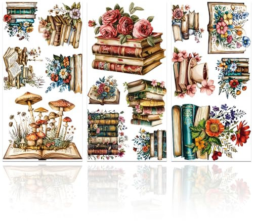 GLOBLELAND 3 Stück Vintage Buch Blumen Möbeltransfer 6x12 Zoll Buch Pilz Rub On Transfer Selbstklebende Wandtattoos Für Schlafzimmer Wohnzimmer Schreibtisch Tischdekoration