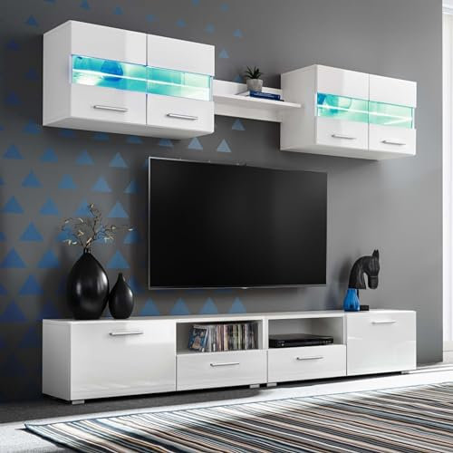 Homgoday TV-Wand-Set mit LED-Lichtern, 5 Stück, weiß, glänzend, Möbel, TV-Schrank, Wohnzimmer-TV-Schrank, Unterschrank für industrielle Wohnzimmer, TV-Ständer