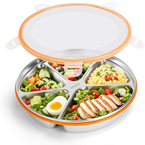 OUTFANDIA Stainless Steel Portion Control Plate with Lids, Divided Plates for Adults, 10.6in Deep Divided Lunch Boxes with Secure Locking Plastic Lids, Reusable Camping Serving Dinner Plates