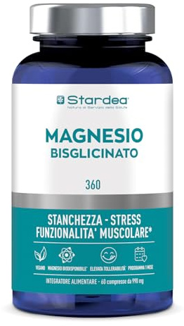 MAGNESIO BISGLICINATO 360 | 60 compresse | Magnesio Bisglicinato Alto Dosaggio con Vitamina B6 | Integratori Stanchezza, Stress, Energia e Muscoli | Magnesio Glicinato Compresse | Stardea