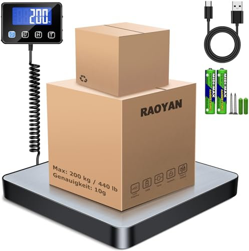 RAOYAN Paketwaage, 200kg/10g Hochpräzise Briefwaage Digitalwaage mit Halte/Tara Funktion, Plattformwaage Kofferwaage mit Wandmontiertem LCD Display für Pakete/Lager/Gepäck