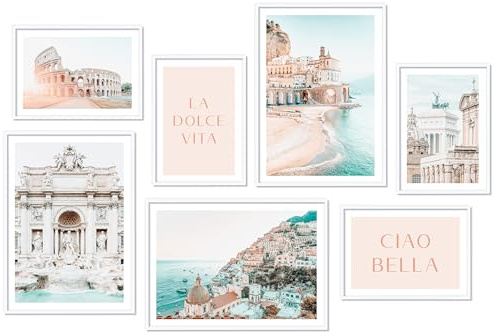 Hyggelig Home Premium Poster Set - 7 Italien Bilder - Urlaub Meer Strand Landschaft Küste Amalfi - Set Dolce Vita - mit Rahmen weiß