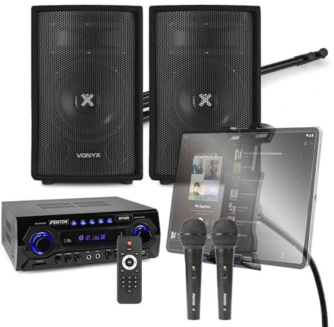 VONYX SL6 Karaoke System with AV460 Amplifier, Wired Microphones, 10m Cable & Adjustable Tablet Stand – Complete Adults & Kids Karaoke Machine Package for Home Parties, Events and Studio Use