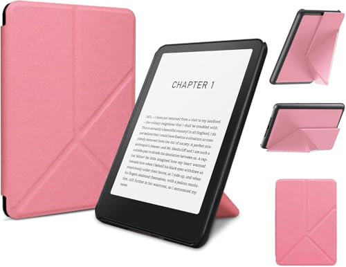 Etui Pliable pour Kindle Paperwhite 7 Pouces 12ème Gen 2024 et Kindle Colorsoft Signature Edition, Coque Mince et légère en Cuir PU avec Auto Wake/Sleep & Multi-Viewing Angles (Rose)
