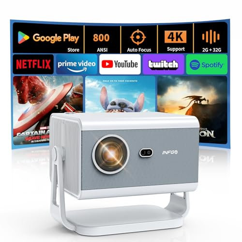INFGO Smart Projector, 800 ANSI Home Cinema Projector 4K-Supported Full HD 1080P WiFi 6 Bluetooth 5.4 for Smartphone laptop, white
