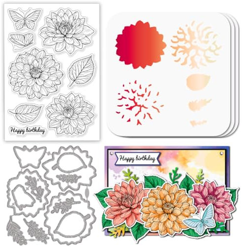 GLOBLELAND Dahlie Stamps Stanzschablone für die Kartenherstellung Blumen Silikonstempel Stanzschablone Florale Geschichtet PET Malschablonen Für DIY Scrapbooking Bastelalben Zubehör