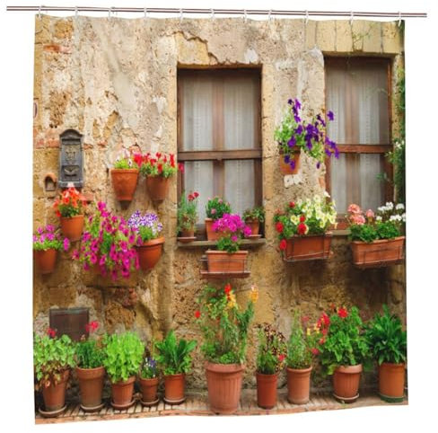 YUAOEUR 3D Garden Shower Curtain 71X71 Inch Fresh Plant Countrylife Style Retro Old Stone Wall Floral Basket Door Scenery with Green Plants Scenery Bathroom Decoration Curtains with Hook