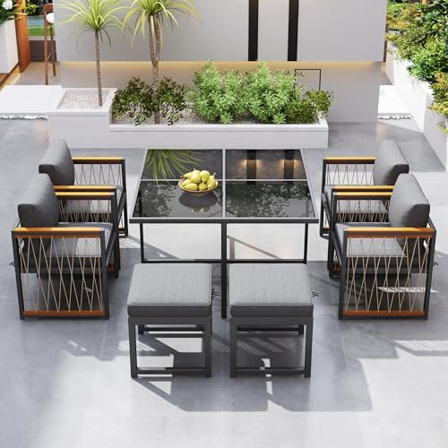 Merax 7-teiliges Garten-Essgruppe, Esstisch-Set für 6 Personen, Tisch mit gehärtetem Glas & Akazienholz-Armlehnen, Abnehmbaren Kissen, Für Garten, Terrasse, Balkon, Schwarz, Holzfarbe