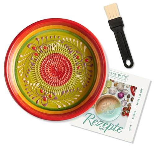 evergrate Keramikreibe Dipschale im Motiv Diego mit Küchenpinsel und Rezeptheft