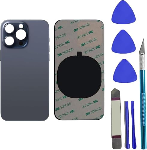 Peixiong 15 Pro hintere Glas Ersatz für iPhone 15 Pro hintere Glasabdeckung Ersatz mit vorinstallierten Klebstoff + Reparing Tool Kit (Blau Titanium)