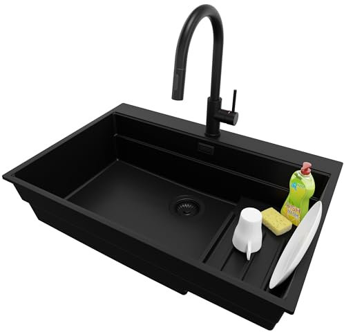PRIMAGRAN Fregadero Granito Todo Negro 78x53cm, Cocina 1 Seno + Grifo 40x20cm + Sifón, Sobre encimera al mueble 80cm - Oslo Max