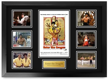HWC Trading Enter The Dragon Bruce Lee Geschenke Geduckter Poster Signiertes Autogramm Foto für Fans von Film Memorabilien - A2 Gerahmt (ID-006461)