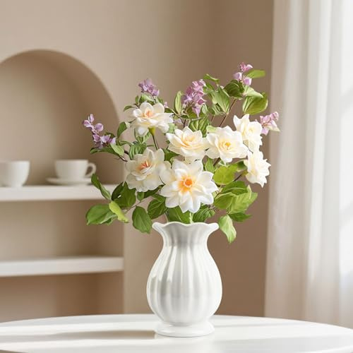 Keramik Vase, Weiße Blumenvase Trockenblumen Vasen für Pampasgras,16cm hoch Dekovase Klein Boho Vase für Wohnungsdeko,Esstisch, Büro,Nordic Stil