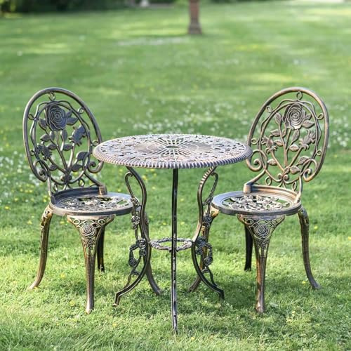 Black Country Metal Works Brushed Bronze Bouquet Two Seater Bistro Set, 3 Piece Cast Aluminium Patio Dining Furniture