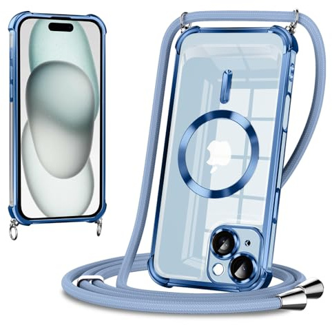 Coiwxmoi handyband Handyhülle für iPhone 15 Hülle Magnetisch mit Band 6.1,Durchsichtig Ultra Dünn TPU Silikon Case mit Kordel zum Umhängen Abnehmbar Kratzfeste Stoßfest Schutzhülle,Blau