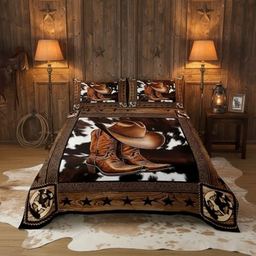 feelingyou Westlicher Cowboy Bettdecke mit 2 Kissenschalen Texas Star Holz Plank rustikal Coverlet M Größe Kuhfell Bauernhaus Bettwäsche Quilted