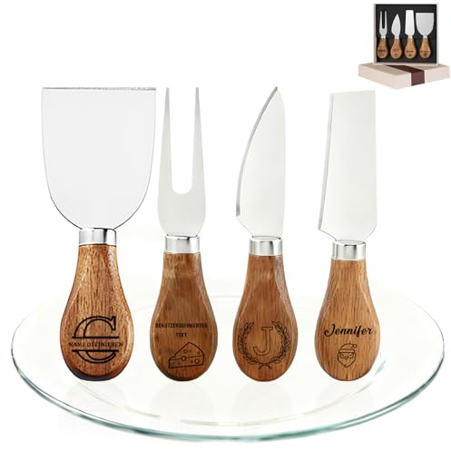 Personalisierter Käsemesser Set 4-Teiliges Individuell Gravur Name Text Personalisierte Käsemesser mit Griff aus Akazienholz Geschenk für Geburtstage Partys Hochzeiten (Vierteiliges Käsemesserset)