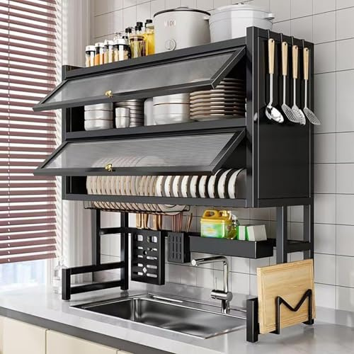 XDOPIRRS Escurridor de Cocina de Dos Niveles para encimera, escurreplatos de sobremesa, diseño de Doble Capa,Apto para Colocar Cuencos, Platos, Tazas y Cubiertos.(Black,95cm/37.4in)