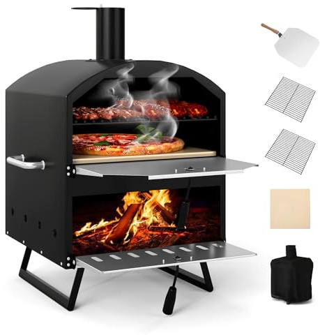 COSTWAY Outdoor Pizzaofen, 2-lagigem Pizza Ofen mit Grillrost, Pizzaschaufel, quadratischem Stein, wasserdichter Abdeckung, tragbarer Brennofen, Holzofen für Camping, Picknick, BBQ-Party