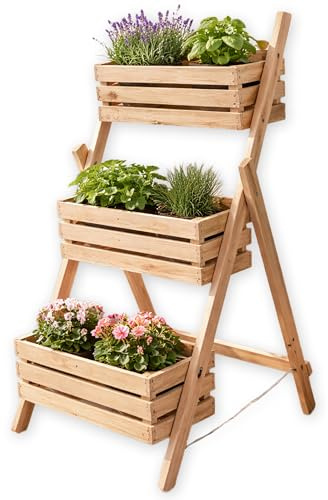 MG Design Support Plantes en Bois 80 x 130 cm – étagère à Plantes 3 Niveaux, adapté pour bac 60 cm, pour Fleurs, Herbes et légumes, jardinière Verticale pour Jardin et terrasse
