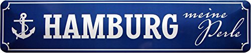 WOGEKA ART Retro Blechschild - Hamburg - Meine Perle - witziger Spruch als Geschenk-Idee zum Geburtstag Weihnachten Dekoration 46x10 cm Vintage-Design Straßenschild Metall STR53