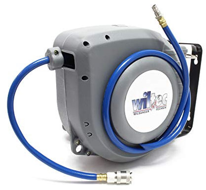 Wiltec Dévidoir automatique avec tuyau 9 m, 270 x 105 x 265 mm, Montage mural, En PVC, Enrouleur de tuyau pneumatique 8 bar, Pivotable à 180°, connexion 1/4