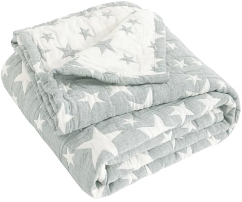 NTBAY 3 Layer Muslin Cotton Toddler Blanket, 76x102 cm, Grey White Star | 3 Layer Baby Muslin Cotton Design, Nursery Bed Blanket for Crib, Soft and Thermal Cot Gift, Jacquard Reversible