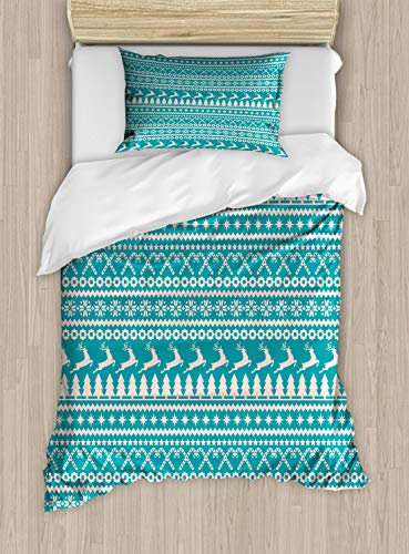 ABAKUHAUS nordisch Bettbezug Set für Einzelbetten, Bäume Sterne Rentiere, Milbensicher Allergiker geeignet mit Kissenbezug, 130 x 200 cm - 70 x 50 cm, Türkis-Creme