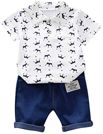 Xmiral Kids Baby Boy Kurzarm Bedruckte Tops + Denim Shorts Outfits Set Umlegekragen Polo Shirt Jeans Kleidungsset(Weiß,12-18Monate)