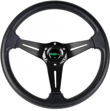 RASTP Volante universale da corsa da 350 mm, 6 bulloni, impugnatura in pelle di alluminio e vinile con bottone a scatto per auto, colore: nero
