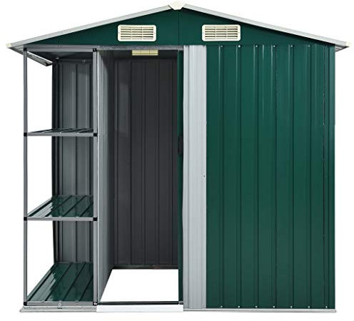 Tidyard Gartenhaus mit Regal 4 Lüftungsklappen Geräteschuppen Garten Schuppen Gartenhaus Gartenschuppen Grün 205x130x183 cm Eisen