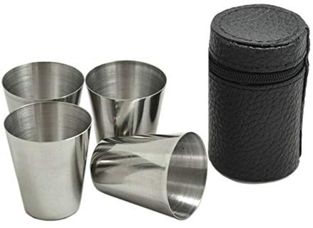 Casecover 4 Pièces/Set 30ml Poli Mini Verre À Vin Timbale en Acier Inoxydable avec Verres Housse en Cuir