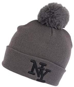 Hip Hop Honour Mütze mit Bommel NY Dunkelgrau und Schwarz, aus Wolle, trendiger Katzy-Look, Größe: Einheitsgröße – Farbe: Grau – Unisex, grau, Einheitsgröße