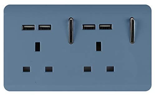 Trendi 2 Gang Artistic Modern Glossy Screwless Raised 13 Amp 240v Short 4 USB Type A Charging Points Double Chrome Switched Electrical Wall Plug Socket Sky Blue - ART-SKT213USBSK