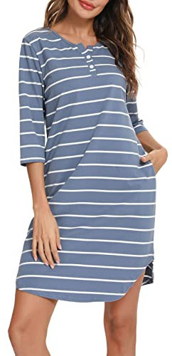Vlazom Women's Nightdresses Soft Cotton Nightshirt Stripe 3/4 Sleeve Sleep Dress Sleepwear with Pockets Sky Blue,L
