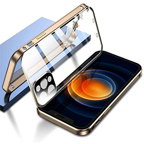 Doppelseitige Schnallenhülle für iPhone 12,Doppelte Sicherheitsverriegelung Stoßfängergehäuse aus gehärtetem Glas, eingebauter Kameraobjektivschutz (für iPhone 12, Gold)