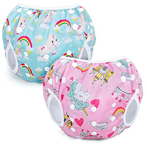 Teamoy Wiederverwendbare Schwimmwindeln(Packung mit 2), Badeanzug Windeln Waschbare Windeln für Babys & Mädchen, Rosa Kleine Pony+Blaues Kleine Pony