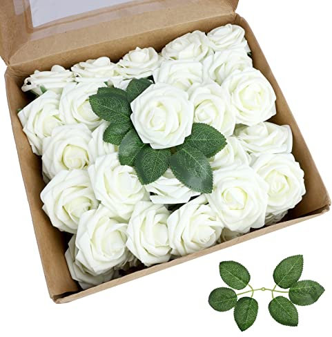 Aoleytech Artificial Flower Roses, 50 Real Touch Fake Foam Roses, Wedding Decorations, Bridal Bouquet, Valentine's Day, Mother's Day, Baby Shower (Milk White)