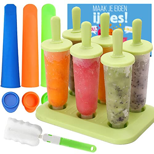 Ice Lolly Moulds, Vcumter 10 Pack Molds Set, Ice Lolly Makers, Ice Cream Reusable Silicone DIY Frozen Popsicle Moulds for Kids,Toddlers and Adults with Non-Spill Lid Cleaning Brush,Green