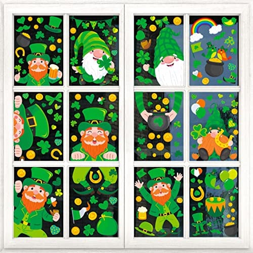 380PCS St Patrick’s Day Window Clings, Double Sided Printing Shamrock Irish Clover Leprechaun Green Gnome Peeking Decoration No Residue Saint Patty Holiday Decals Party Supplies Accessories (9 Sheets)