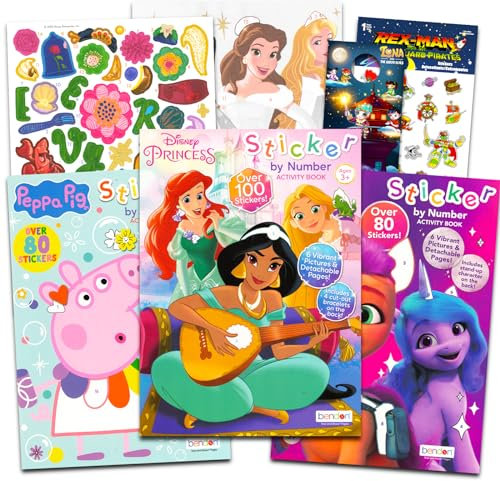 Sticker by Number Bücher für Mädchen – Bundle mit 3 Aufkleber-nach-Zahlen-Büchern mit Disney Prinzessin, Peppa Pig und My Little Pony | Sticker-Mosaik