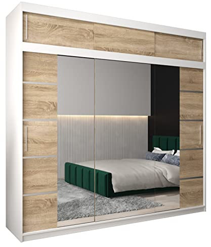 ABIKSMEBLE Verona 4 250 Armario de Dormitorios con Tres Puertas Correderas - Armario de Almacenamiento Moderno con Espejo, Perchero y Estantes - 250x240x62 cm - Blanco Mate + Sonoma con Extensión