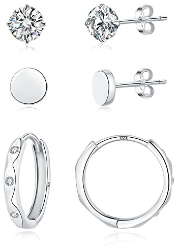 Loutade Creolen Silber 925 Ohrstecker Ohrringe, 3 Paare Sterling Silber Damen Ohrstecker Creolen Ohrringe Set, 4mm Ohrstecker & 13mm Creolen Schlafen Knorpel Tragus Helix Silber Damen Ohrringe Set
