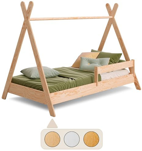 smartwood Tipi Kinderbett 70x160 mit Lattenrost und Rausfallschutz - Montessori Hausbett für Jungen und Mädchen - Bett aus Kiefernsperrholz mit Rausfallschutz und Lattenrost - 160x70 - Naturholz