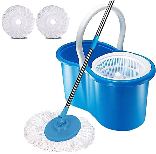 360 FLOOR MAGIC SPIN MOP BUCKET SET MICROFIBER WITH 2 MOP HEAD PADS + BRUSH NEW (Blue)