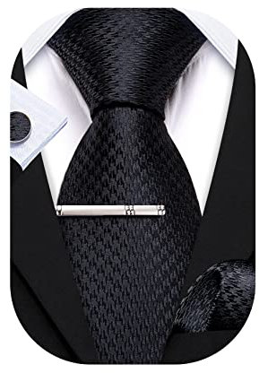 Barry.Wang Herren-Krawatte, seidig, Paisleymuster, modisch, Einstecktuch, Manschettenknöpfe, Clip, 4-teiliges Set, formelle Hochzeit für Männer, Schwarze Krawatte, Eingröße