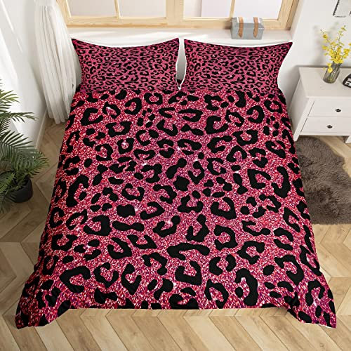 Leopard Print Duvet Cover Set Pink Glitter Cheetah Print Bedding Set for Kids Boys Girls Wild Animal Decor Comforter Cover Set Microfiber Geometric Bedspread Cover Bedclothes Single